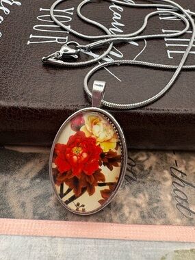 Handmade Floral Glass Cabochon Necklace 18x25mm Stainless Steel Chain